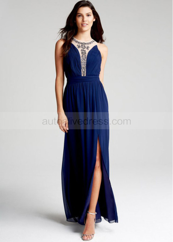 Royal Blue Chiffon Beads Jewel Neckline Keyhole Back Long Prom Dress 